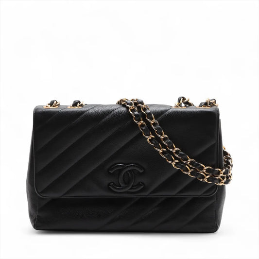 Chanel CC Logo Caviar Skin Single Flap Double Chain Bag Black