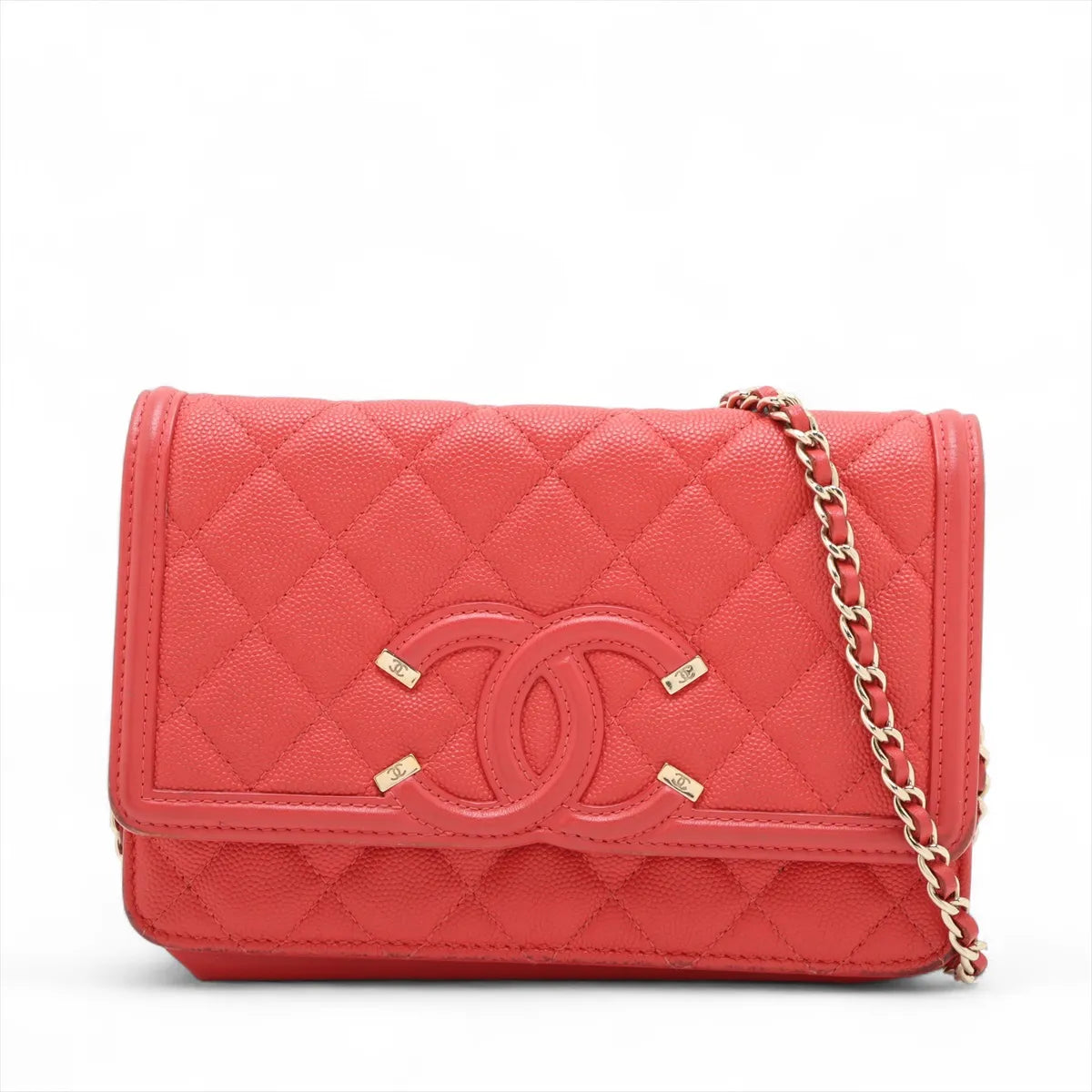 Chanel CC Logo Filigree Caviar Skin Chain Wallet Bag Red