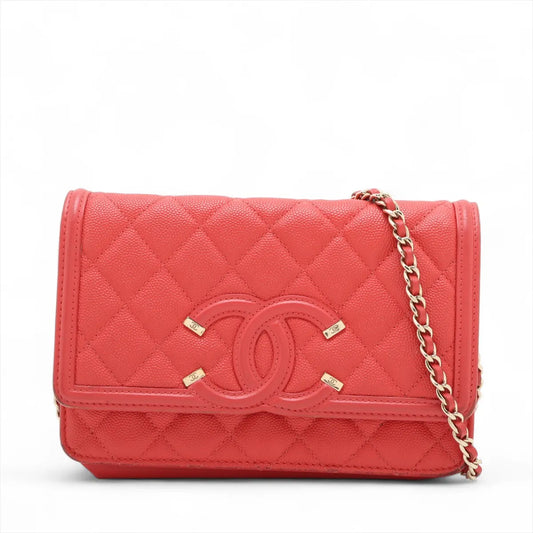Chanel CC Logo Filigree Caviar Skin Chain Wallet Bag Red
