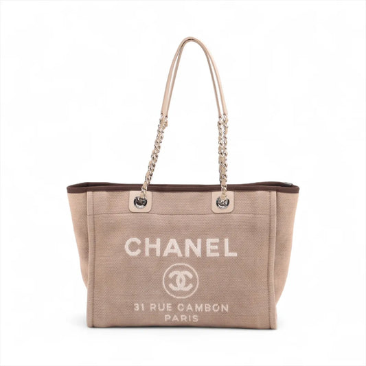 Chanel Deauville MM Canvas Leather Chain Tote Bag Beige