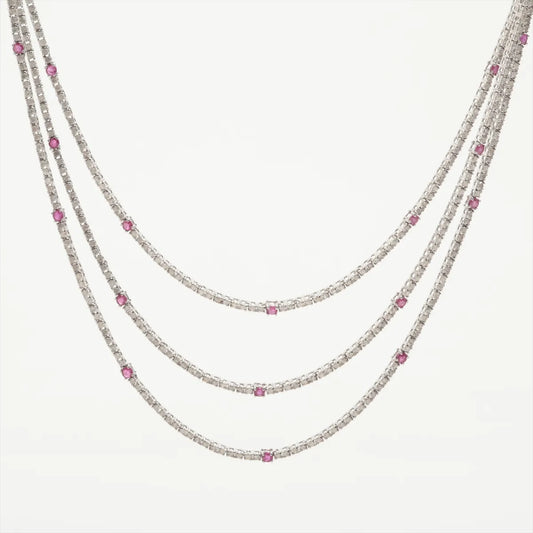 Ruby Diamond Station Layered Necklace White Gold