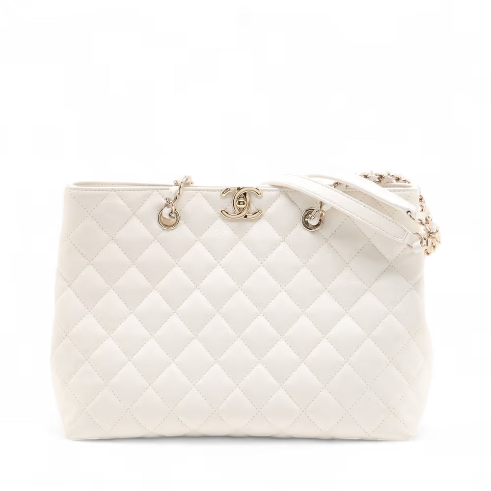 Chanel CC Logo Matelasse Caviar Skin Chain Tote Bag White