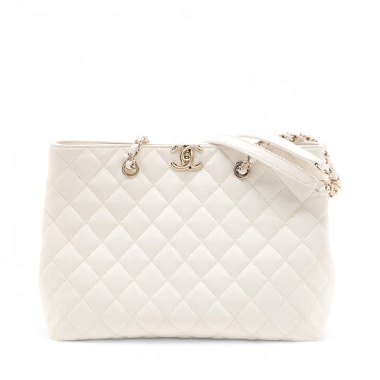 Chanel CC Logo Matelasse Caviar Skin Chain Tote Bag White