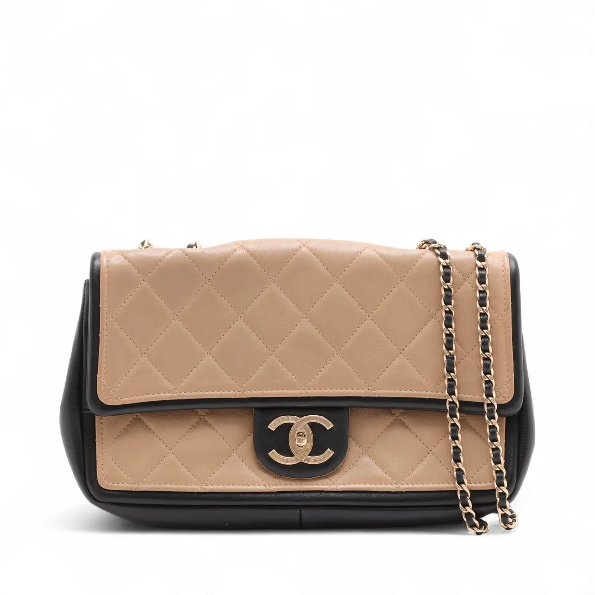 Chanel CC Logo Matelasse Leather Single Flap Double Chain Bag Beige x Black