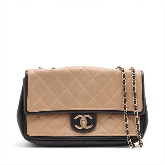 Chanel CC Logo Matelasse Leather Single Flap Double Chain Bag Beige x Black