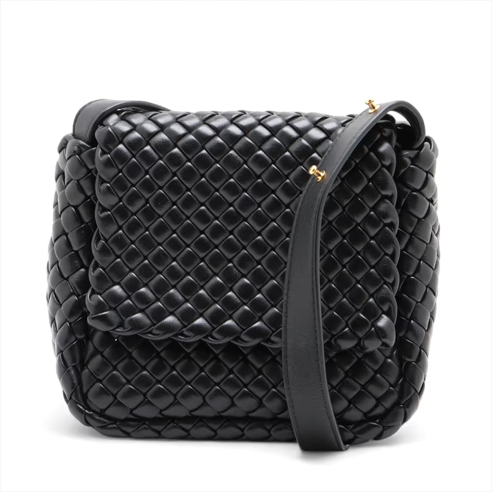 Bottega Veneta Intrecciato Small Cobble Leather Shoulder Bag Black