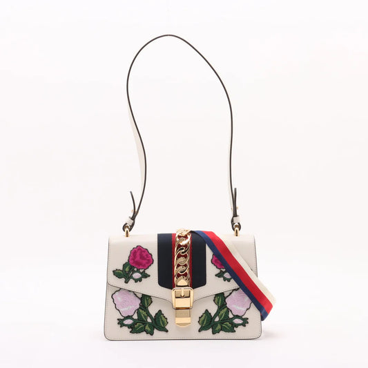 Gucci Sylvie Floral Embroided Leather Shoulder Bag White