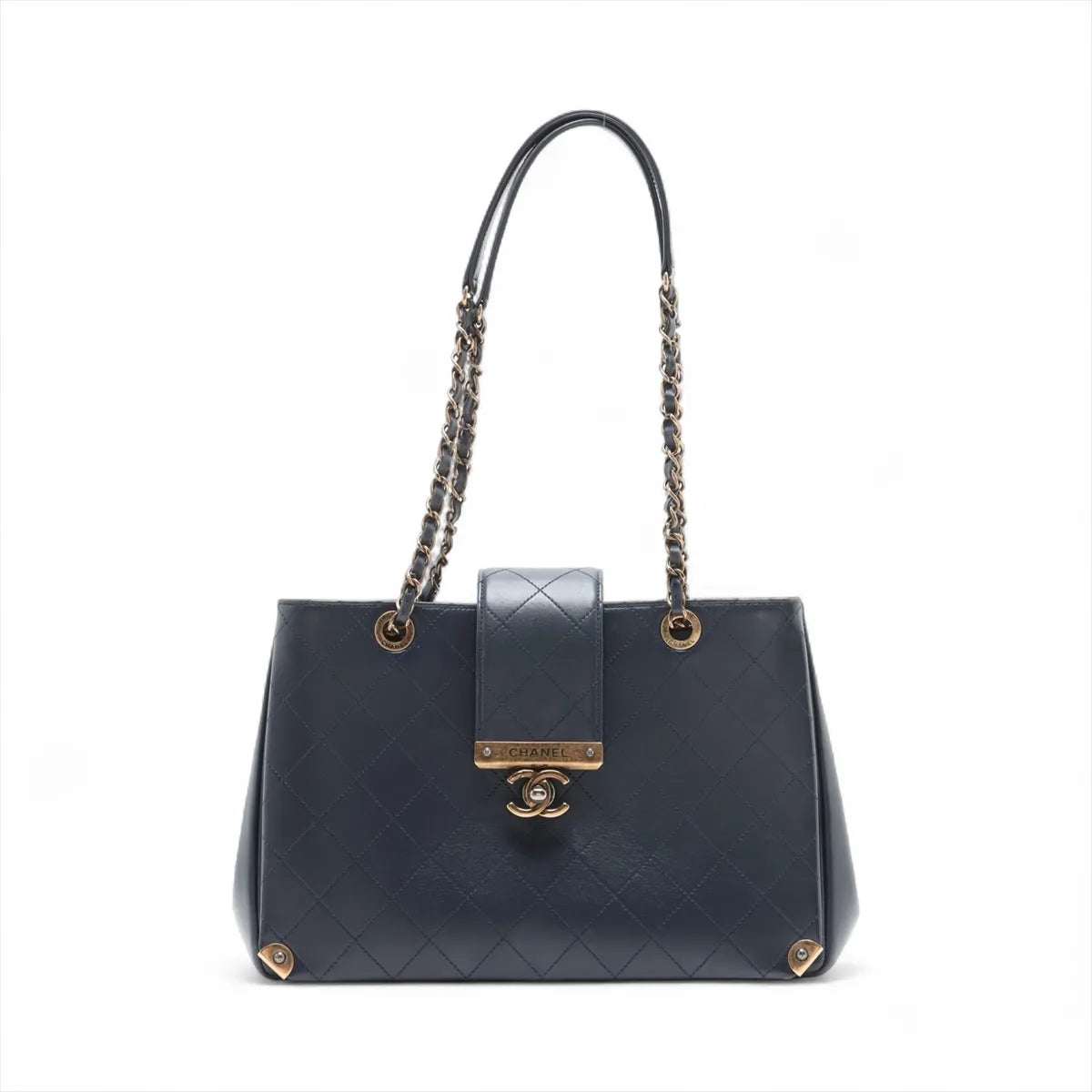 Chanel CC Logo Matelasse Leather Chain Tote Bag Navy Blue