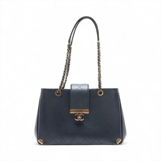 Chanel CC Logo Matelasse Leather Chain Tote Bag Navy Blue