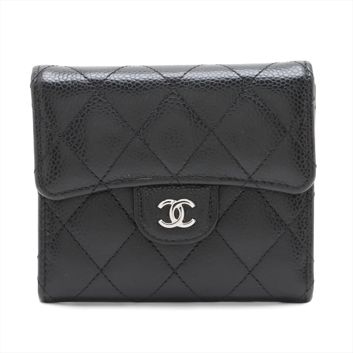 Chanel CC Logo Matelasse Caviar Skin Compact Wallet Black