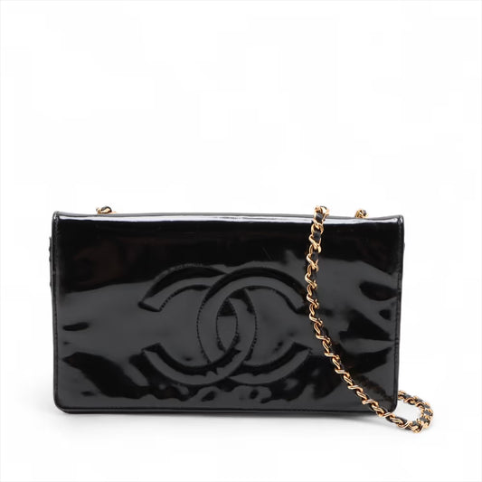Chanel CC Logo Patent Leather Chain Wallet Black
