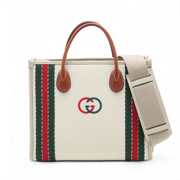 Gucci Interlocking GG Logo Canvas Leather Two-Way Tote Bag Ivory x Brown