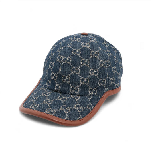 Gucci GG Jacquard Denim Canvas Leather Hat Blue