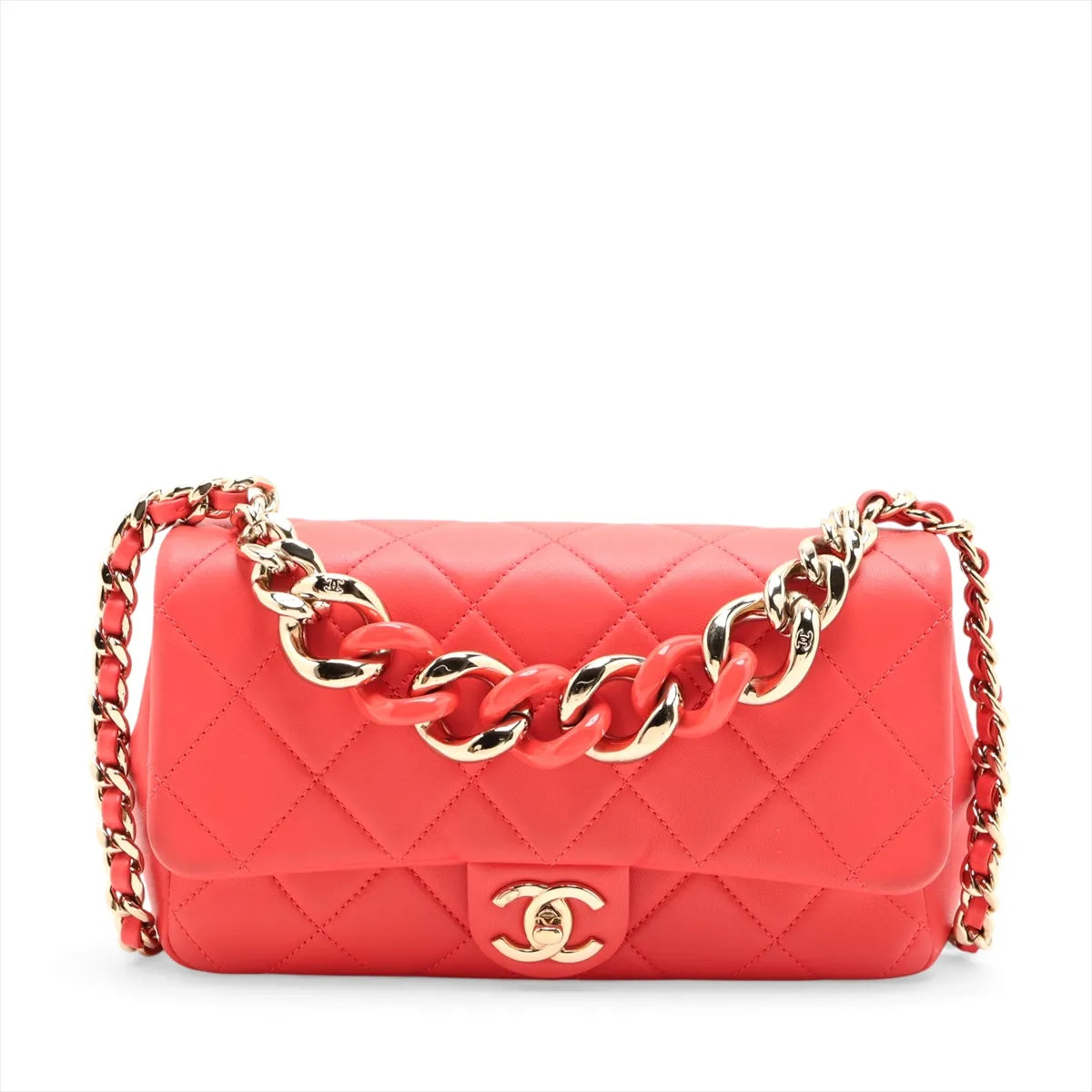 Chanel CC Logo Matelasse Lambskin Chain Shoulder Bag Red