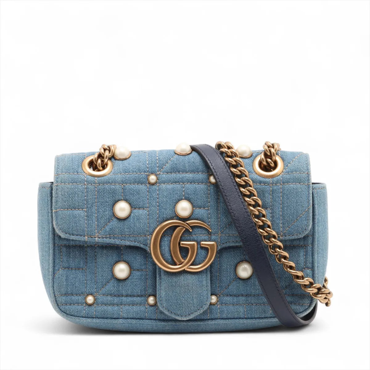 Gucci GG Marmont Pearl Stud Denim Chain Shoulder Bag Blue