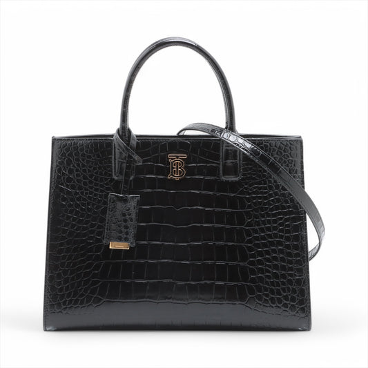 Burberry Crocodile Embossed Leather Two-Way Handbag Black
