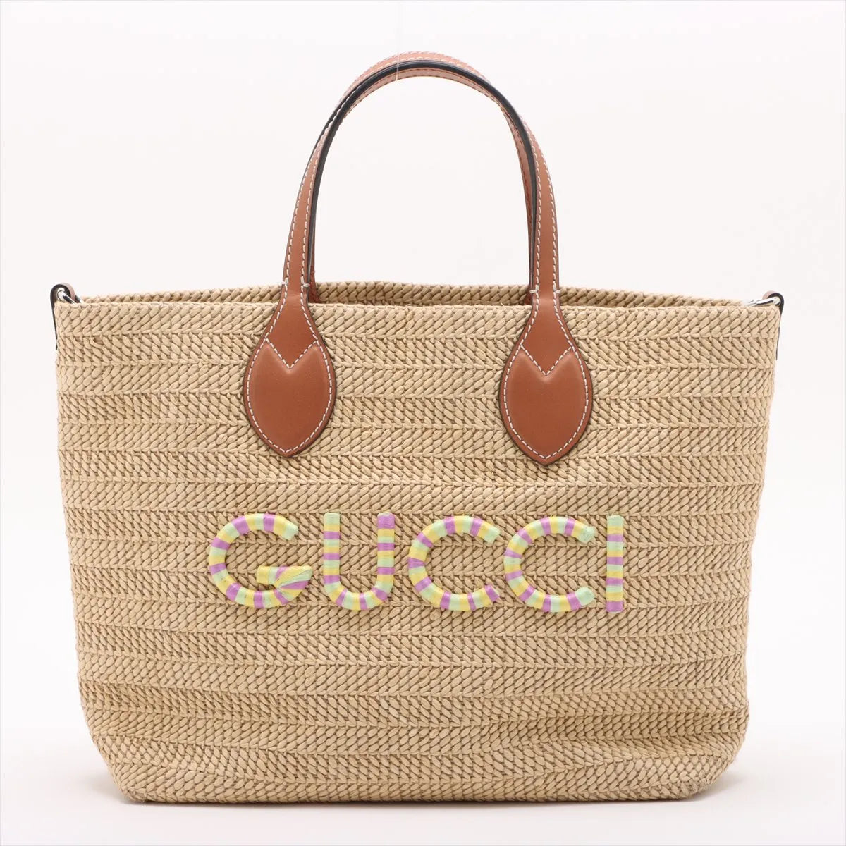 Gucci Patch Raffia x Leather Handbag Beige