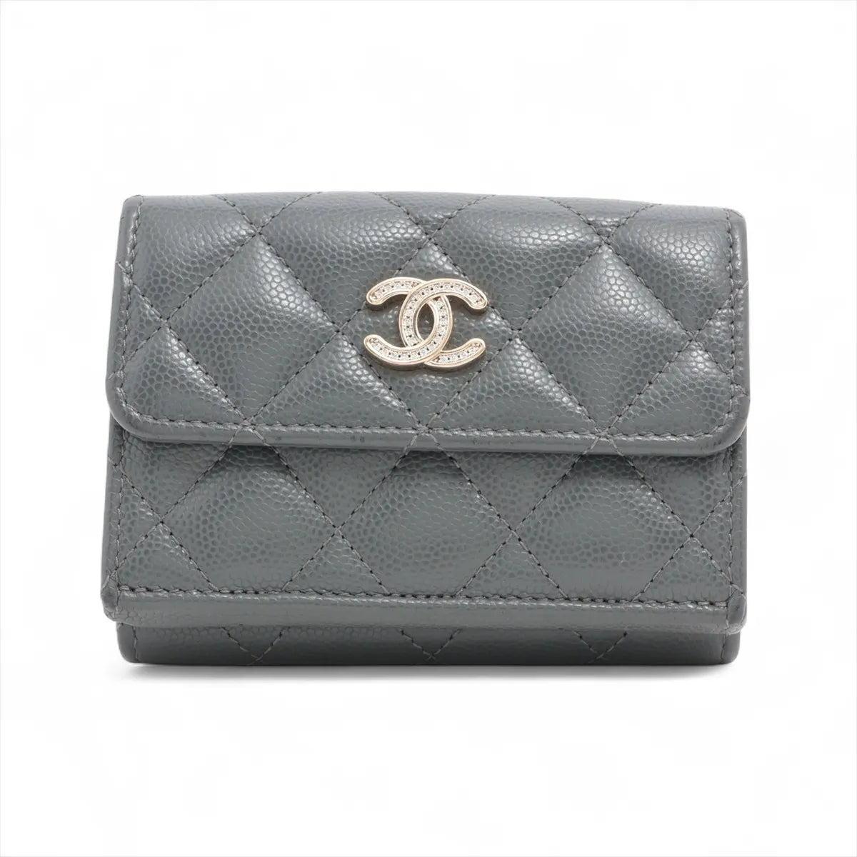 Chanel CC Logo Matelasse Caviar Skin Compact Wallet Gray
