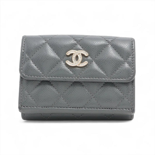 Chanel CC Logo Matelasse Caviar Skin Compact Wallet Gray