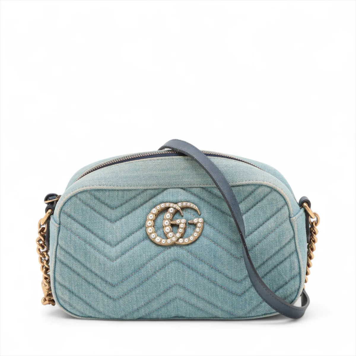 Gucci GG Marmont Pearl Denim Chain Shoulder Bag Blue