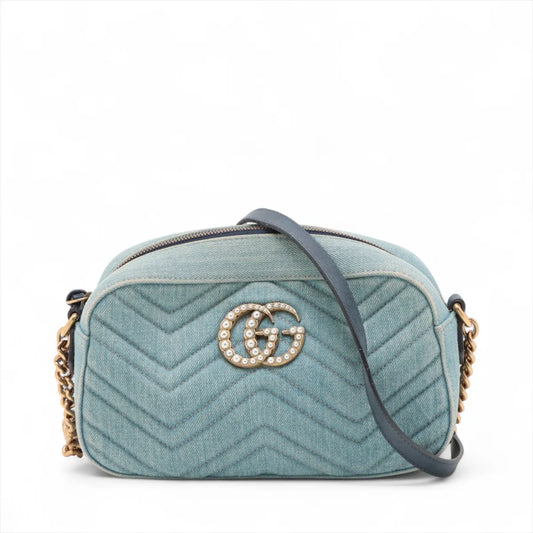 Gucci GG Marmont Pearl Denim Chain Shoulder Bag Blue
