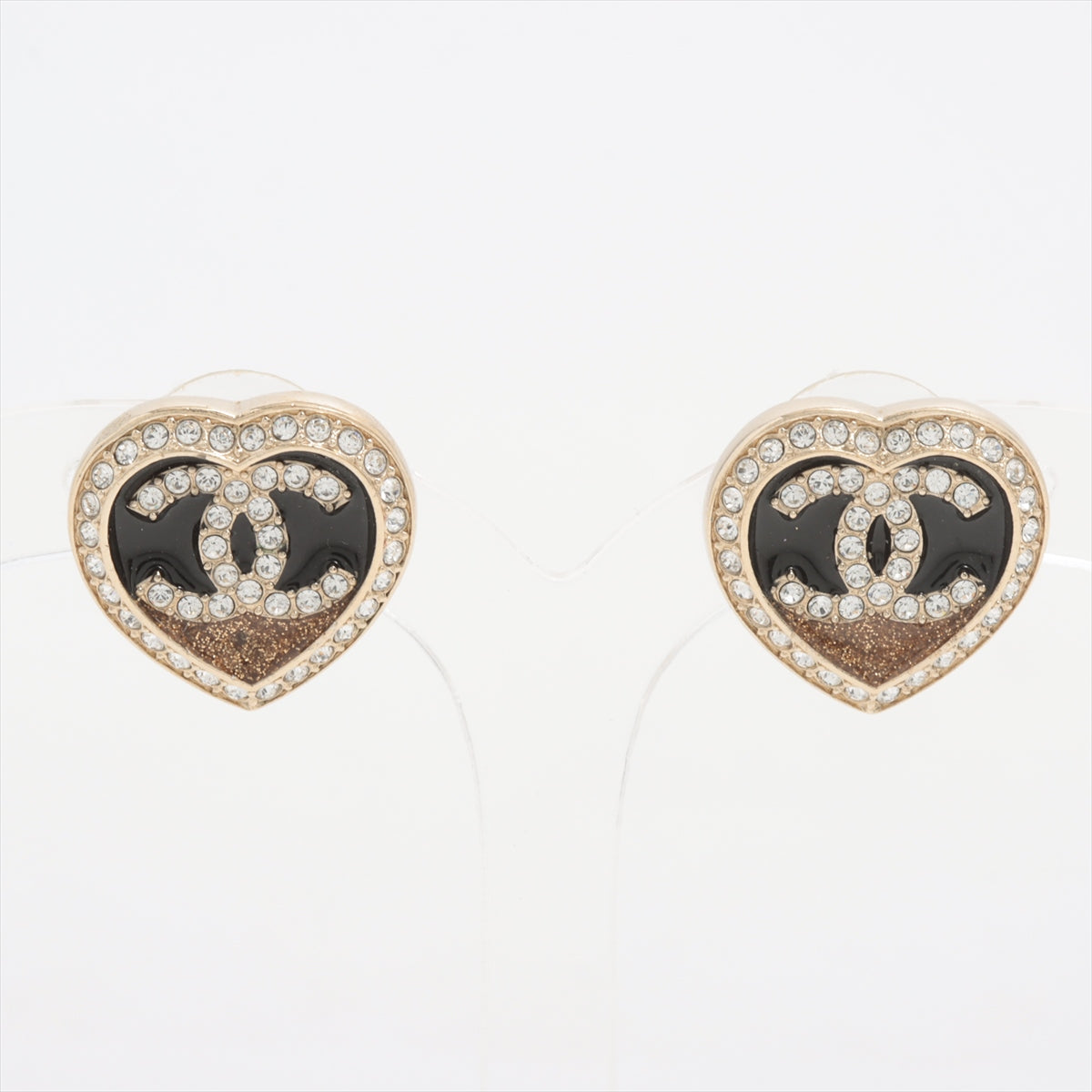 Chanel CC Logo Heart Rhinestone Black Enamel Stud Earring