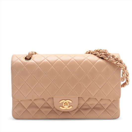 Chanel CC Logo Matelasse 25 Lambskin Double Flap Double Chain Bag Beige