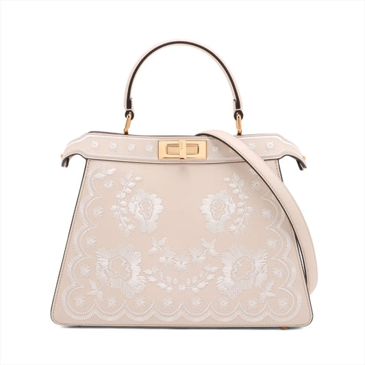 Fendi Peekaboo ISeeU Medium Leather Embroidery Two-Way Handbag Beige