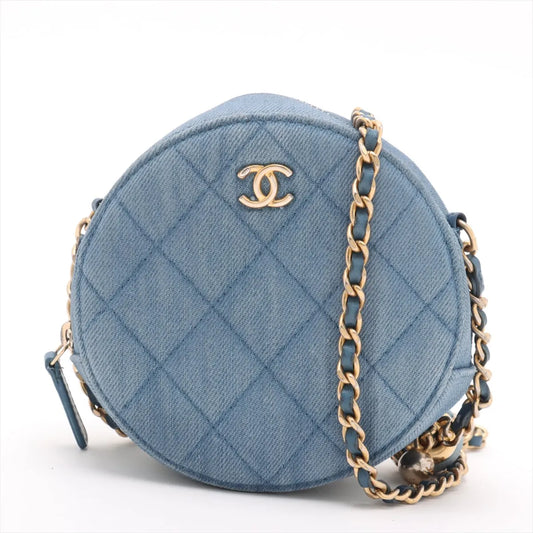 Chanel CC Logo Matelasse Denim Chain Round Shoulder Bag Blue