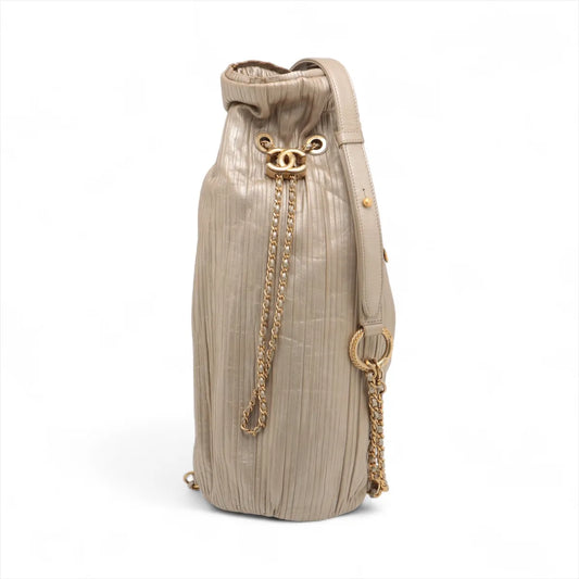 Chanel CC Logo Metallic Calfskin Pleats Drawstring Two-Way Bag Gold