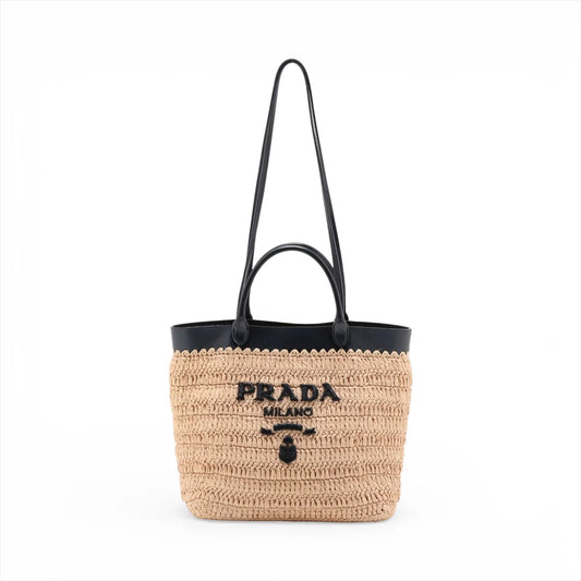 Prada Raffia Leather Two-Way Tote Beige x Black