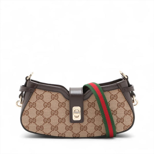 Gucci GG Supreme Moonside Canvas Leather Shoulder Bag Beige×Brown