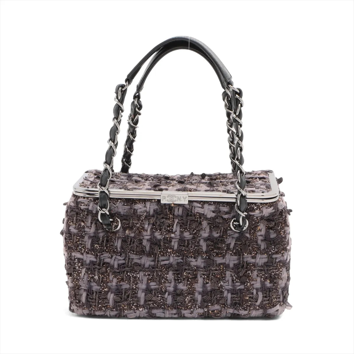 Chanel Paris New York Line Tweed Vanity Chain Handbag Gray X Black