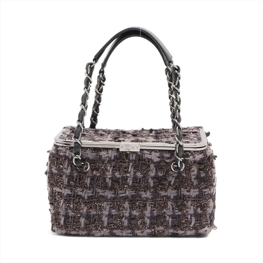 Chanel Paris New York Line Tweed Vanity Chain Handbag Gray X Black