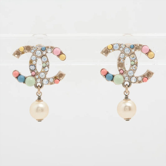 Chanel CC Logo Rhinestone x Pearl Stud Drop Earring Multicolor