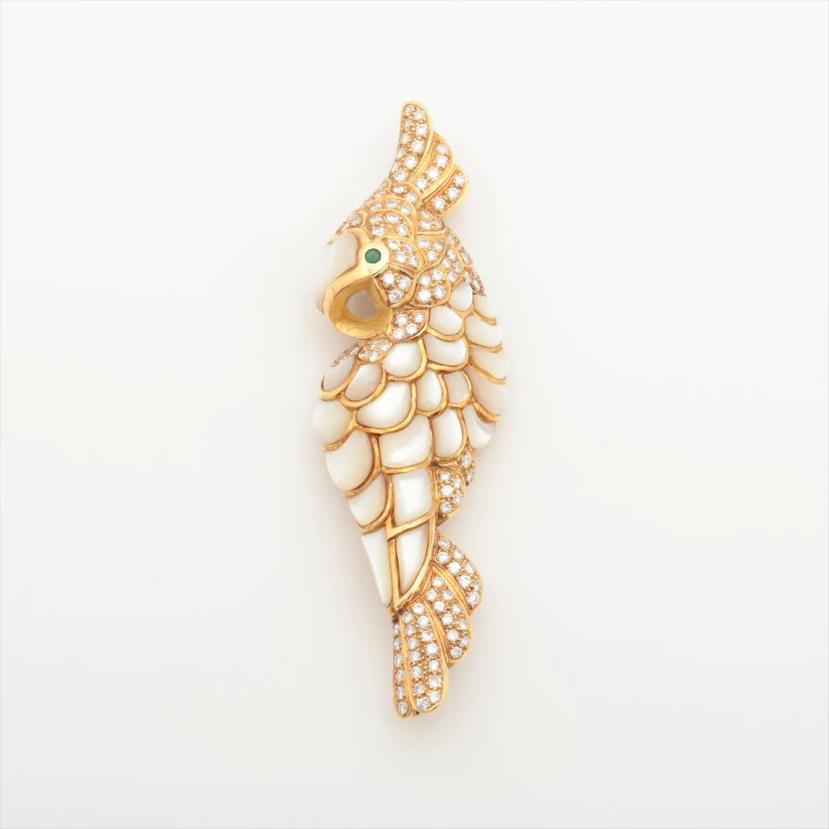 Sea Horse Emerald Diamond Shell Brooch Yellow Gold