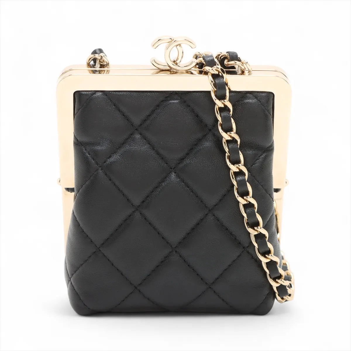 Chanel CC Logo Kisslock Matelasse Lambskin Chain Shoulder Bag Black