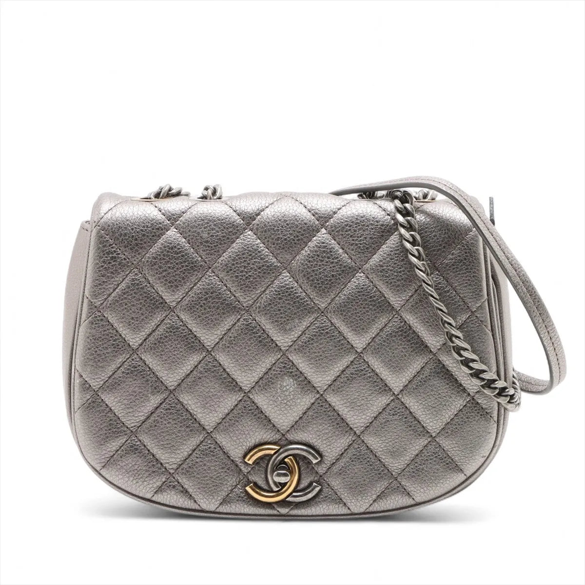 Chanel Matelasse Leather Single Flap Double Chain Bag Silver