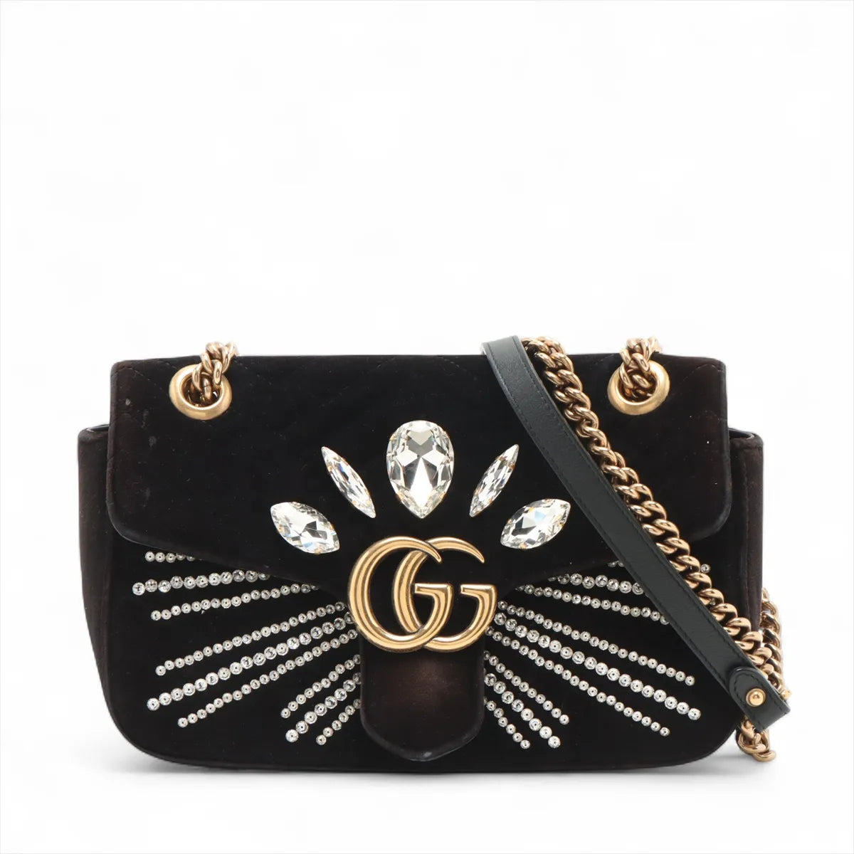 Gucci GG Marmont Crystals Velour x Bijou Chain Shoulder Bag Black