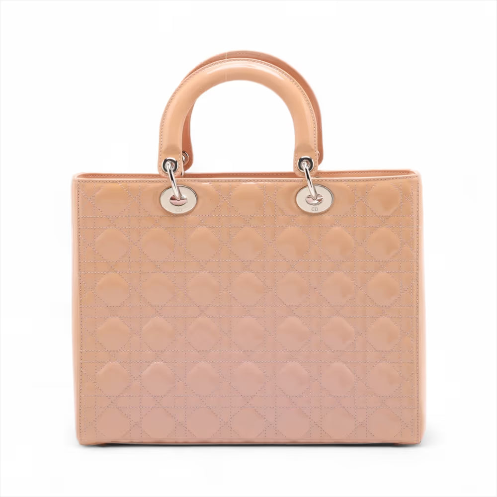 Christian Dior Lady Dior Cannage Patent Leather Two-Way Handbag Beige x Pink