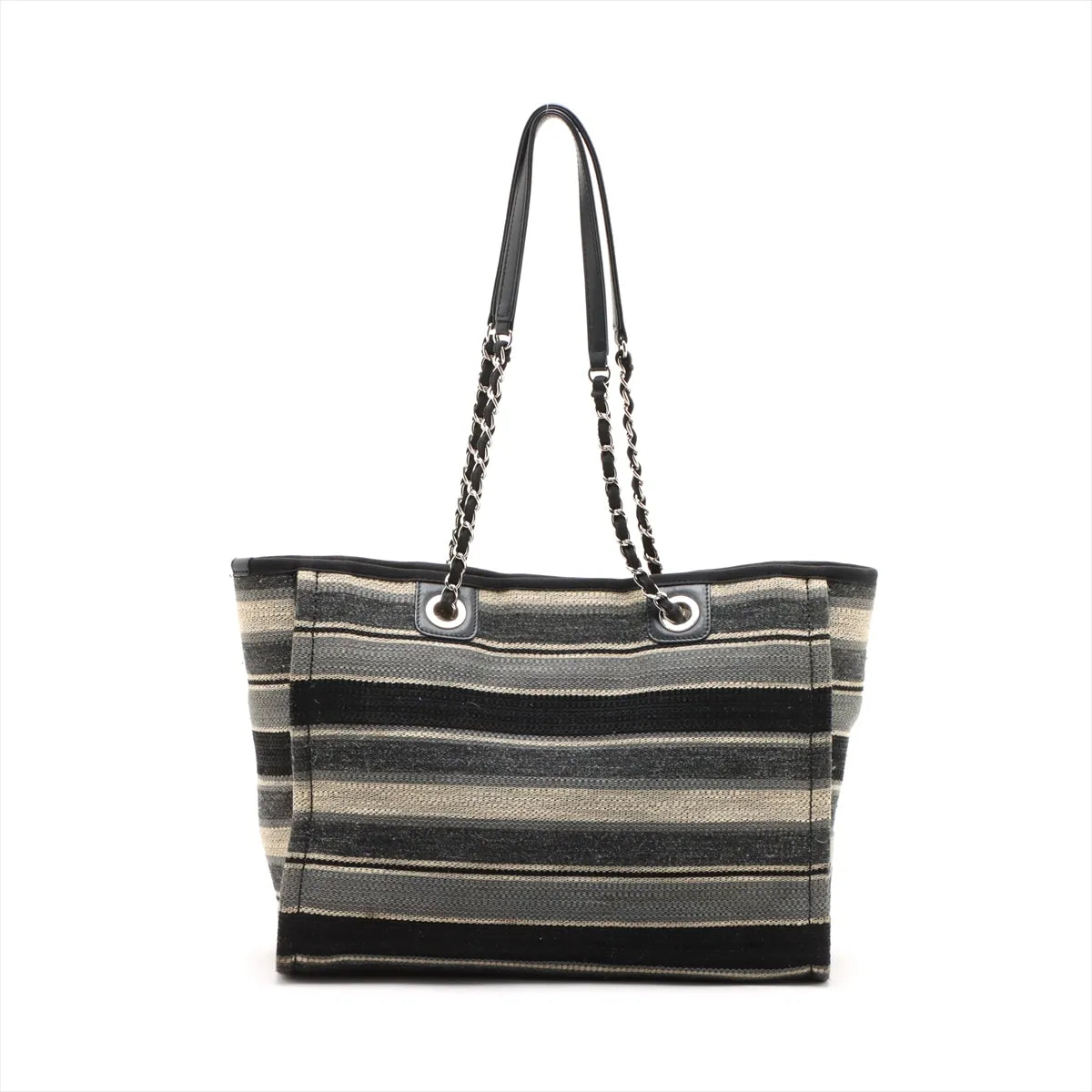 Chanel Deauville Canvas Leather Stripe Chain Tote Bag MM Black x Gray x Beige