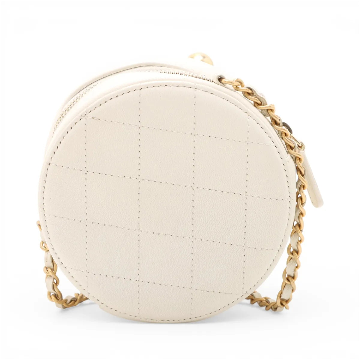 Chanel CC Logo Matelasse Leather Pearl Chain Round Shoulder Bag White