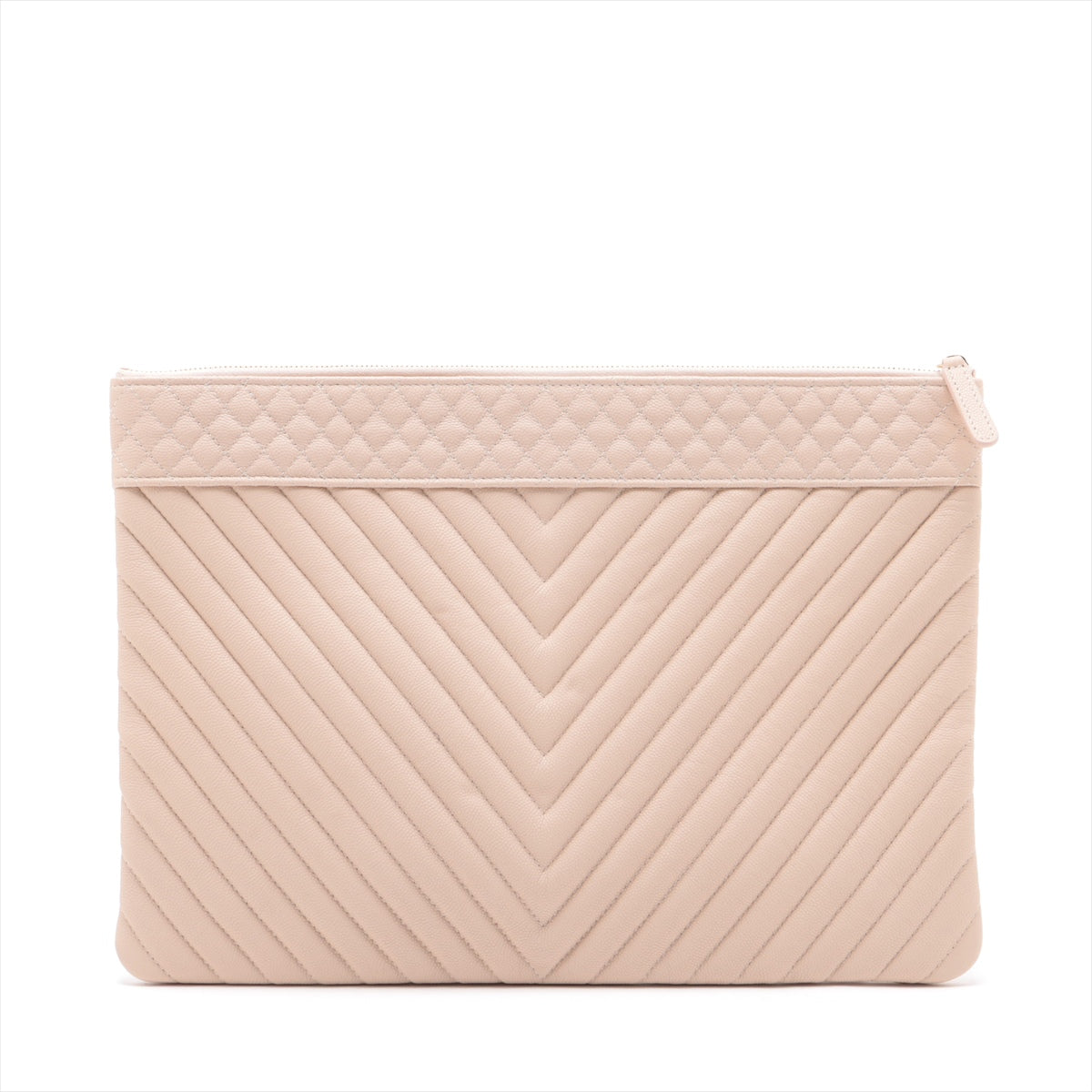 Chanel CC Logo V Stitch Caviar Skin Clutch Bag Beige