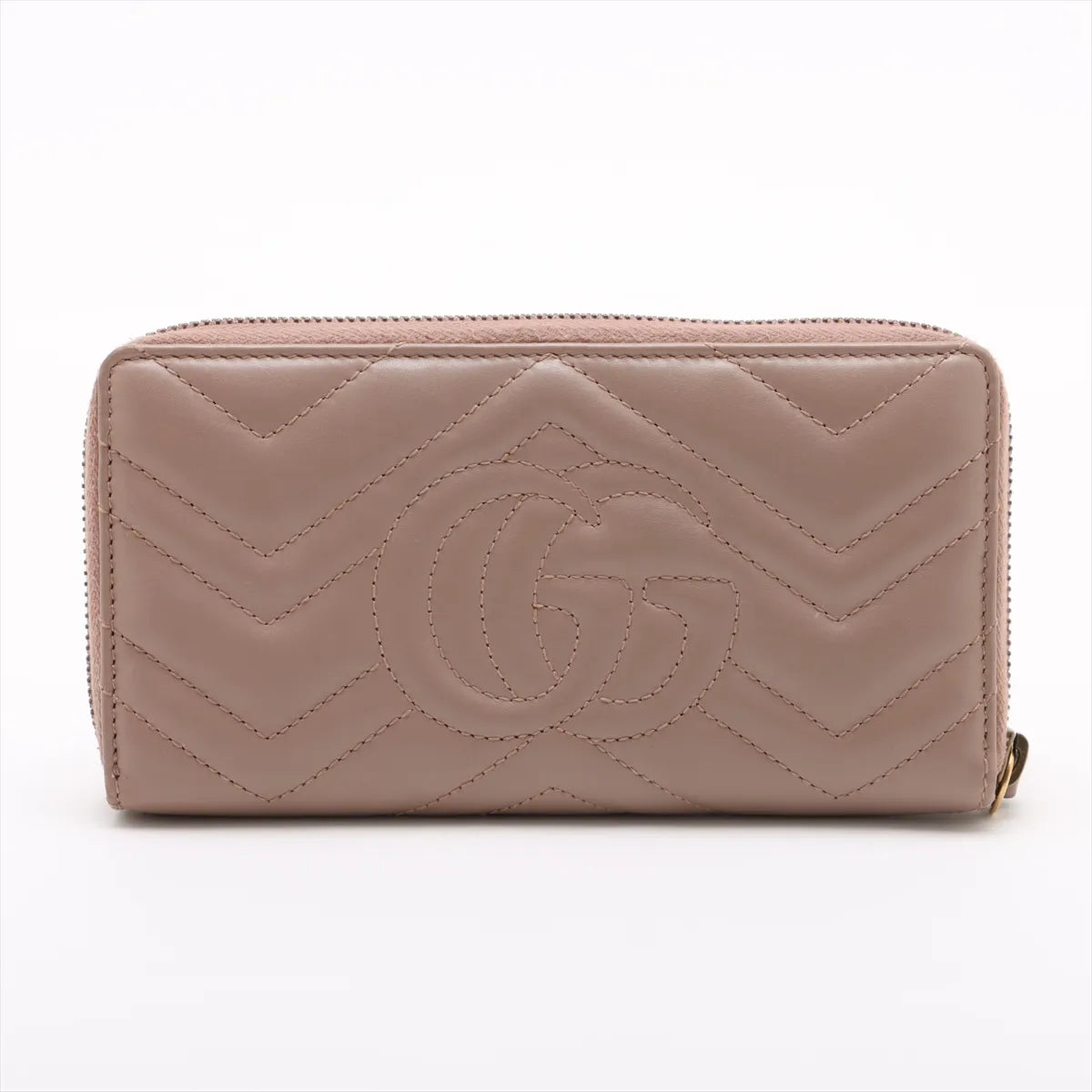 Gucci GG Marmont Chevron Leather Zippy Long Wallet Pink Beige