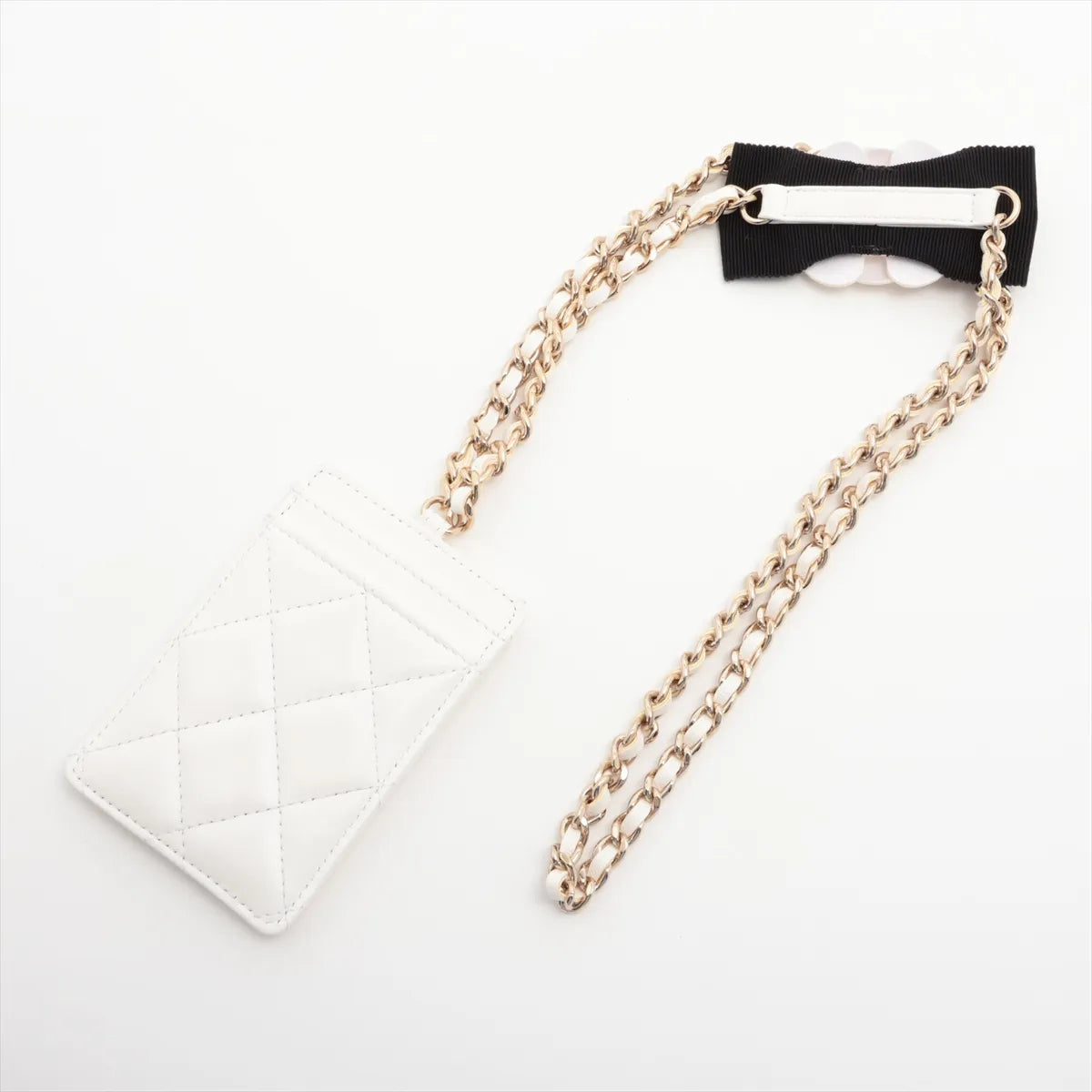 Chanel CC Logo Matelasse Lambskin Camellia Chain Card Case White