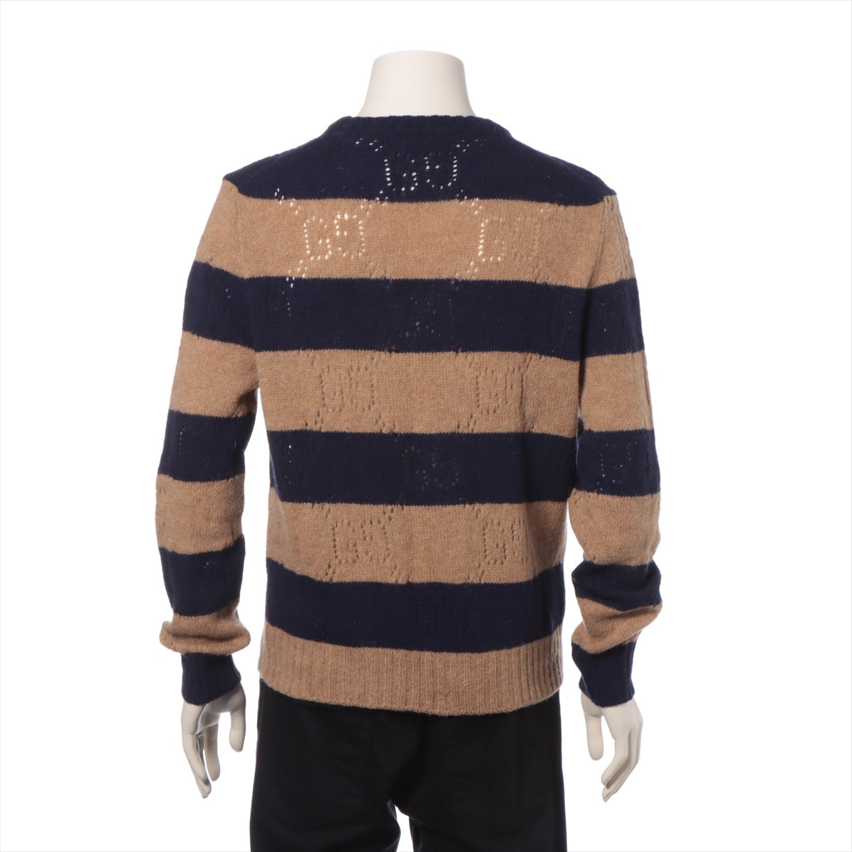 Gucci Perforated GG Pattern Stripe Knit Sweatshirt Brown x Navy Blue