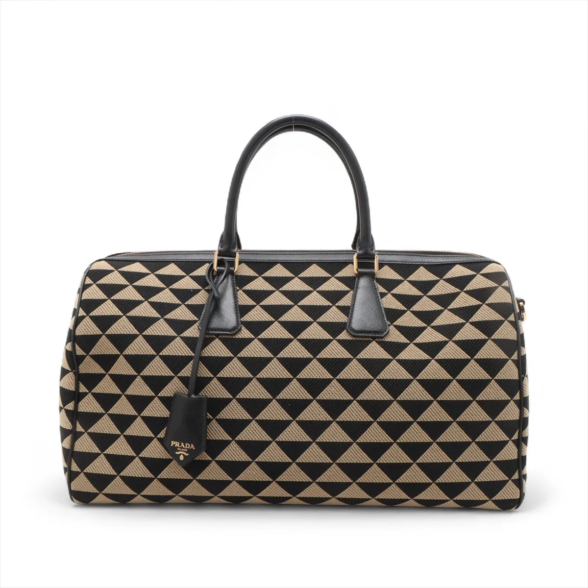 Prada Embroidery Fabric x Leather Two-Way Boston Bag Beige x Black