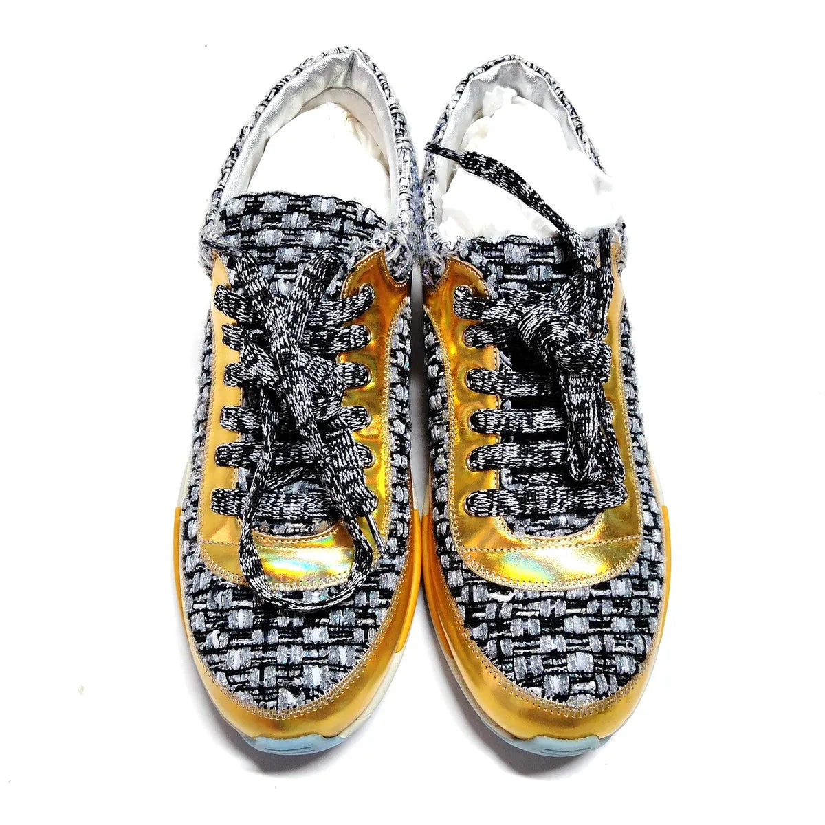Chanel Tweed Metallic Trainers Women's Sneakers Gold & Black