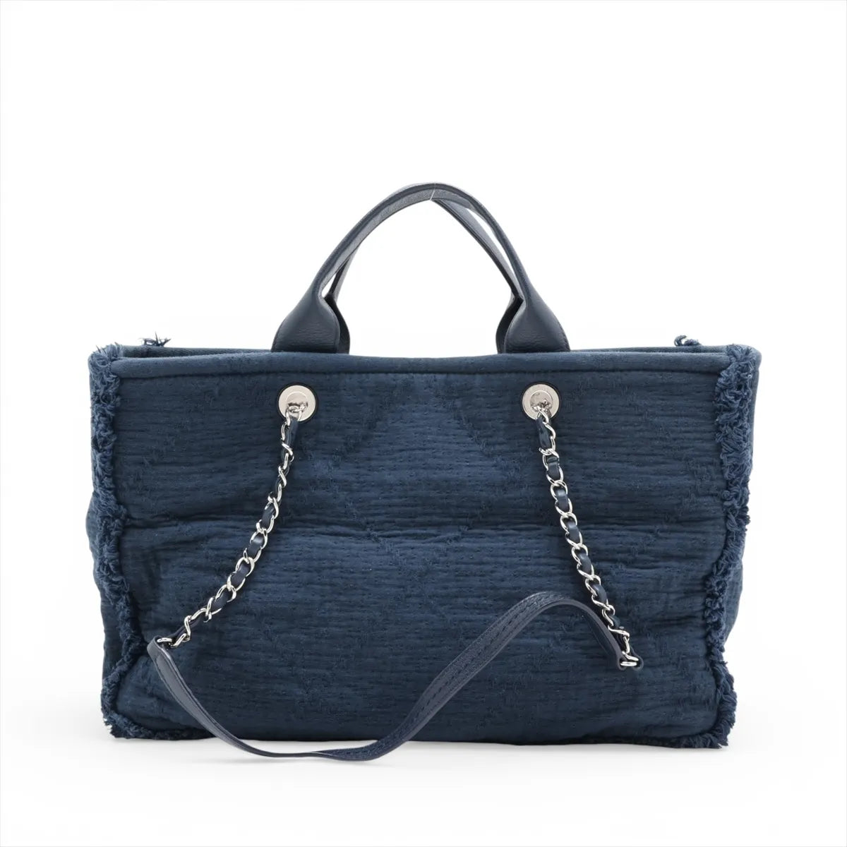 Chanel CC Logo Cotton Leather Chain Fringe Tote Bag Navy Blue