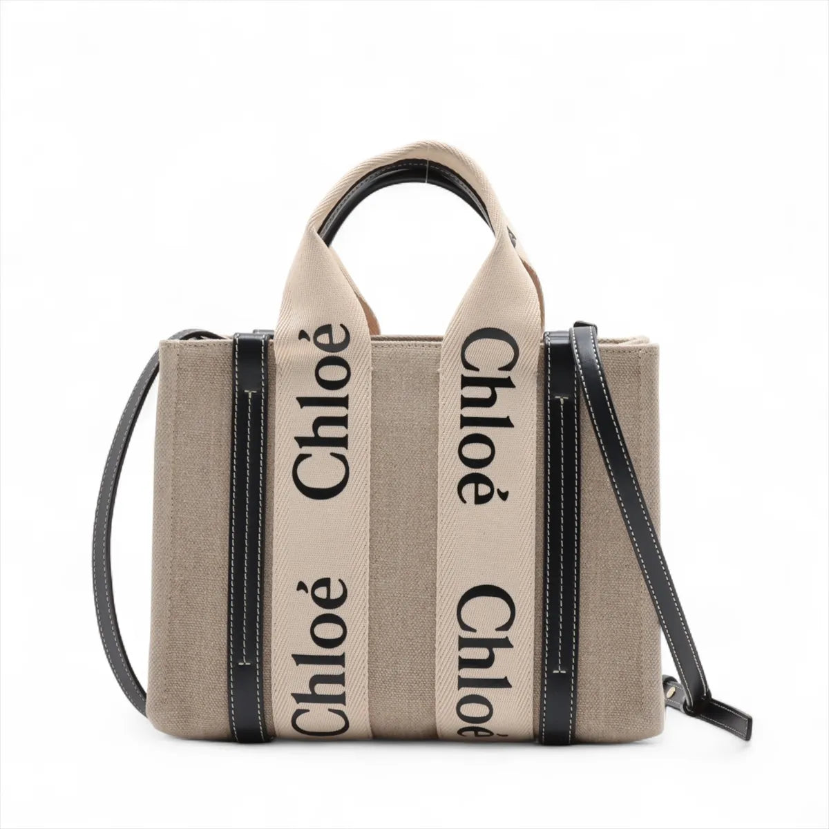 Chloe Woody Small Canvas Leather Two-Way Handbag Beige x Black